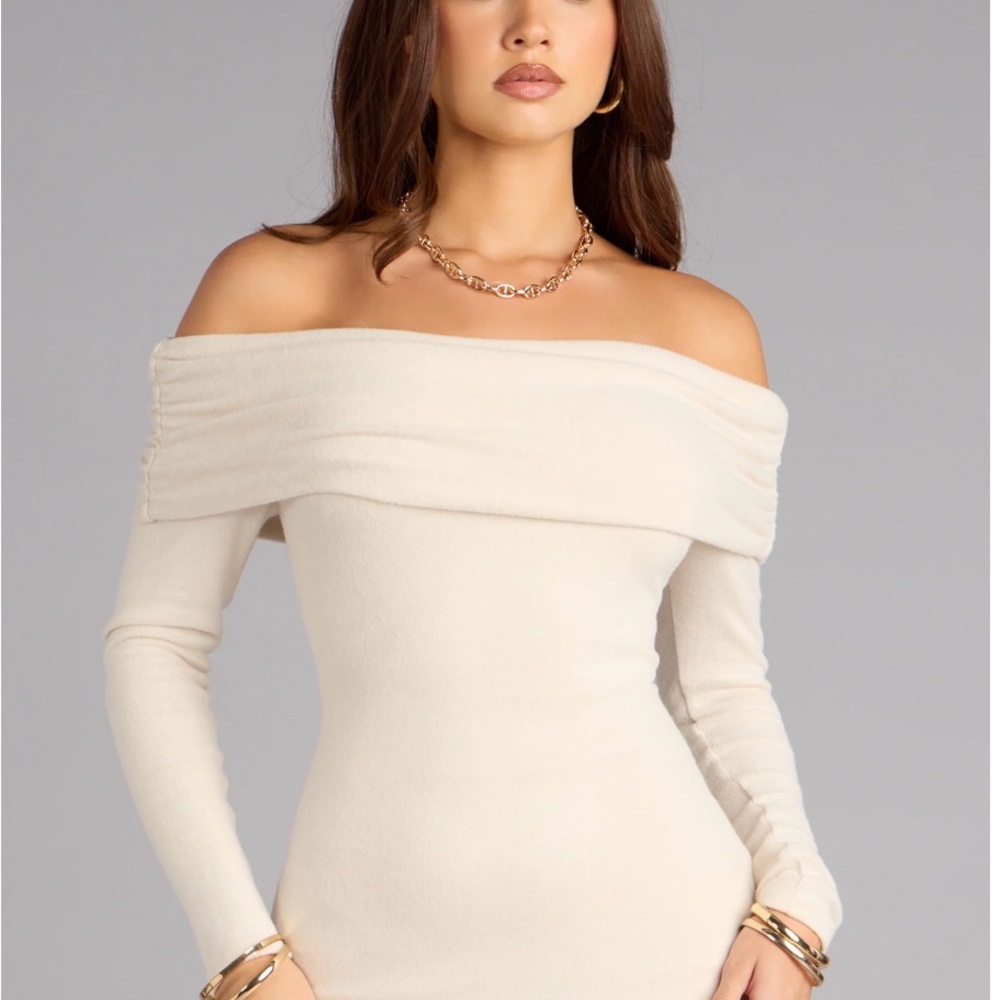 Minimal drama off the shoulder midi dress
